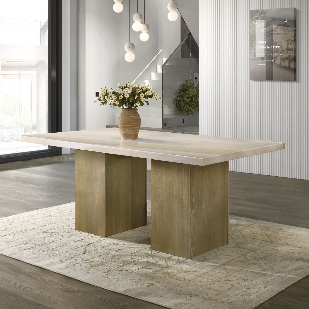 Olinda - Dining Table With Natrual Marble Top - Natrual, alternate view 2 with linen fabric