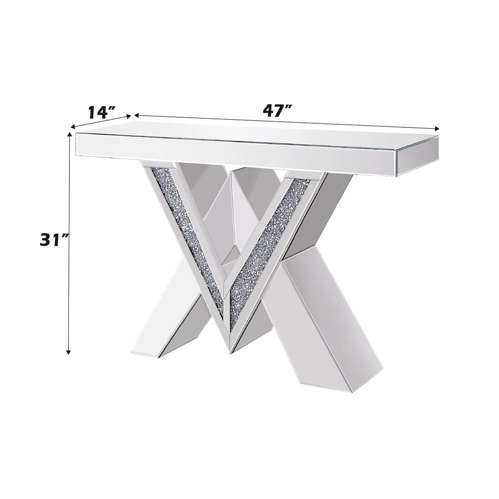Noralie - Console Table, "V" Shape Pedestal - Mirrored & Faux Diamonds, alternate view 4 with wood construction