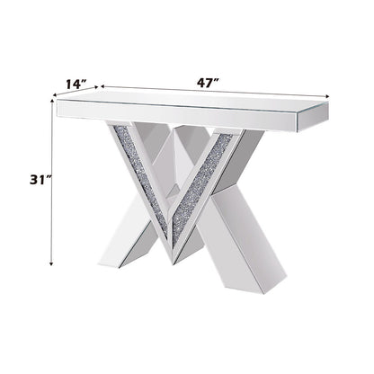 Noralie - Console Table, "V" Shape Pedestal - Mirrored & Faux Diamonds, alternate view 4 with wood construction