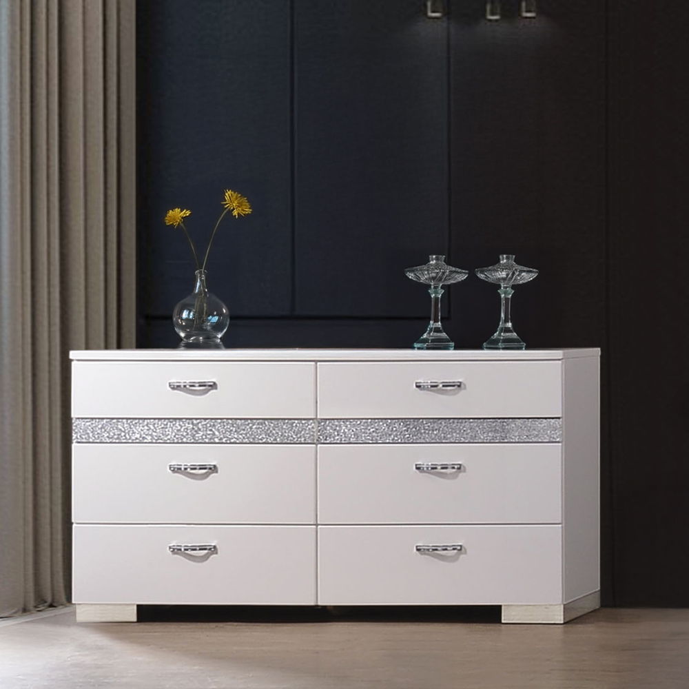 Naima II - Dresser - White High Gloss, product view with wood construction