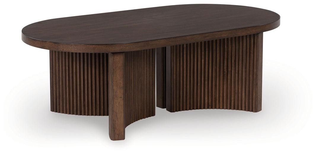 Korestone - Oval Cocktail Table - Dark Brown, product view with wood construction