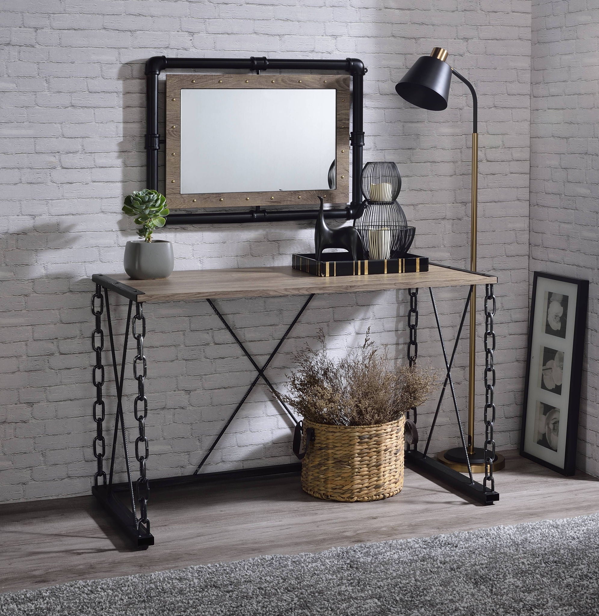 Jodie - Console Table (Same 92248) - Rustic Oak & Antique Black, alternate view 5 with wood construction