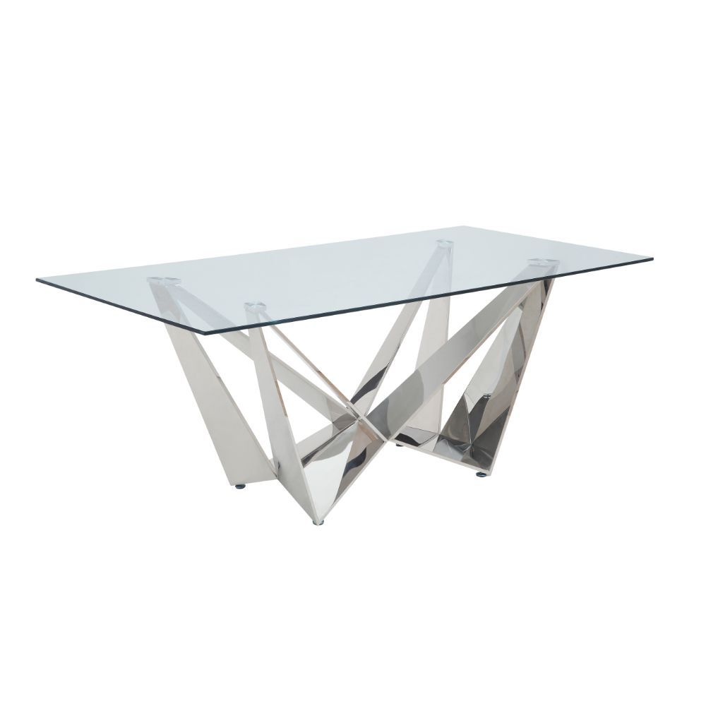 Dekel - Dining Table - Clear Glass Top & Stainless Steel, product view with wood construction