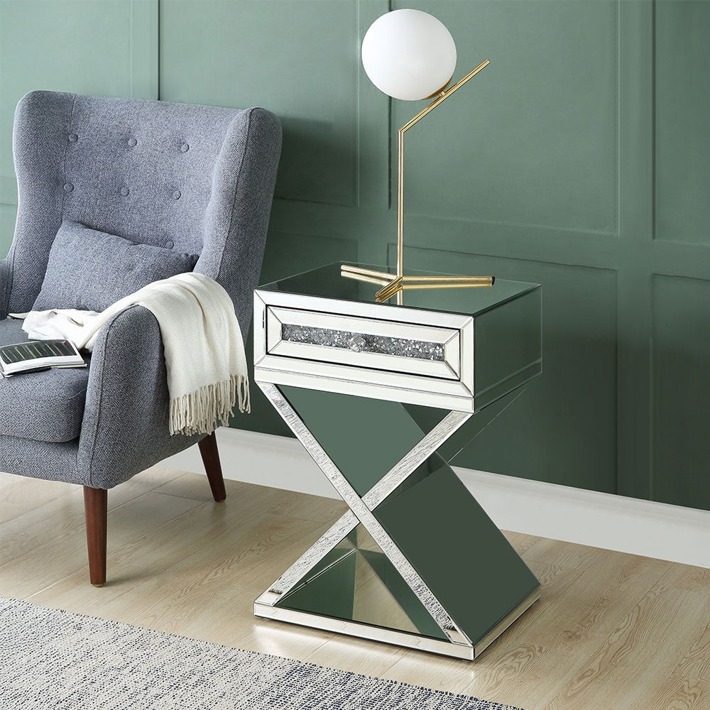 Noralie - Accent Table, X-Shaped Base - Mirrored & Faux Diamonds, product view with glass