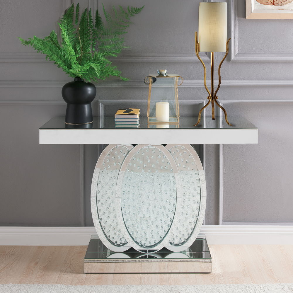 Nysa - 47"L Console Table - Mirrored & Faux Crystals, product view with wood construction