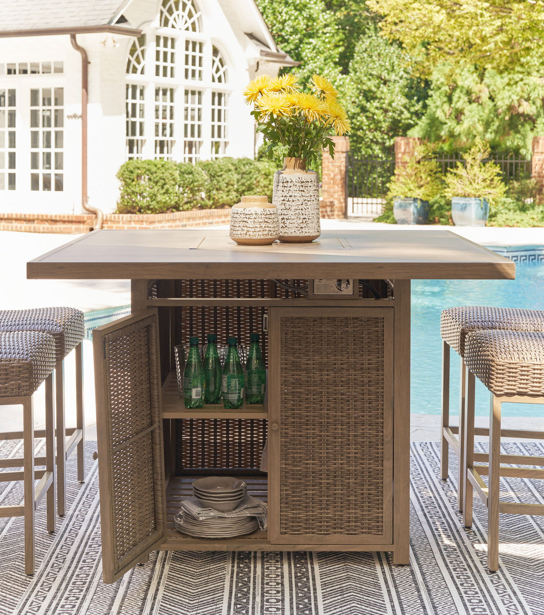 Walton Bridge - Square Bar Table W/Fire Pit - Driftwood