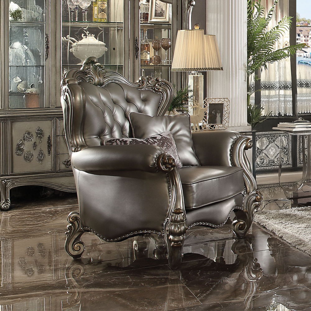 Versailles - Chair With 2 Pillows - Silver Synthetic Leather & Antique Platinum, product view with solid wood