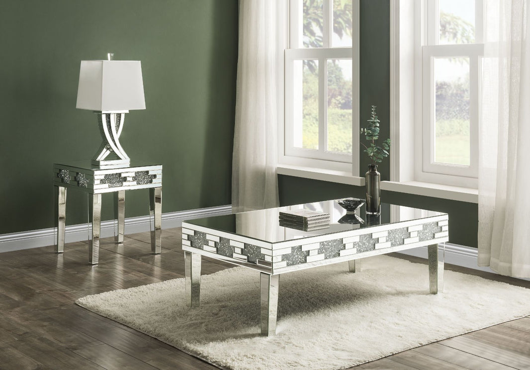 Noralie - 20" Square End Table With Faux Diamonds - Mirrored, product view with wood construction