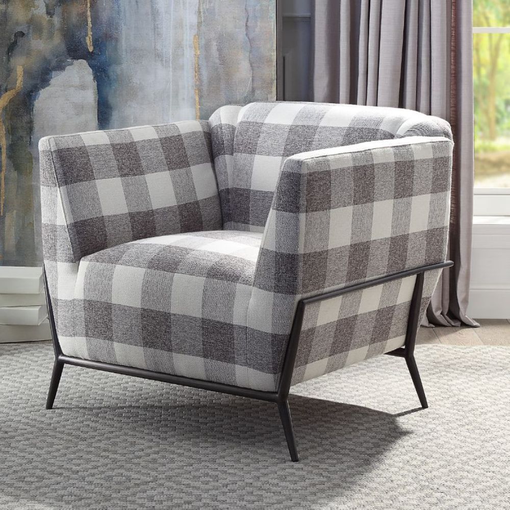 Niamey II - Accent Chair - Pattern Fabric & Metal Frame Black, product view with wood construction
