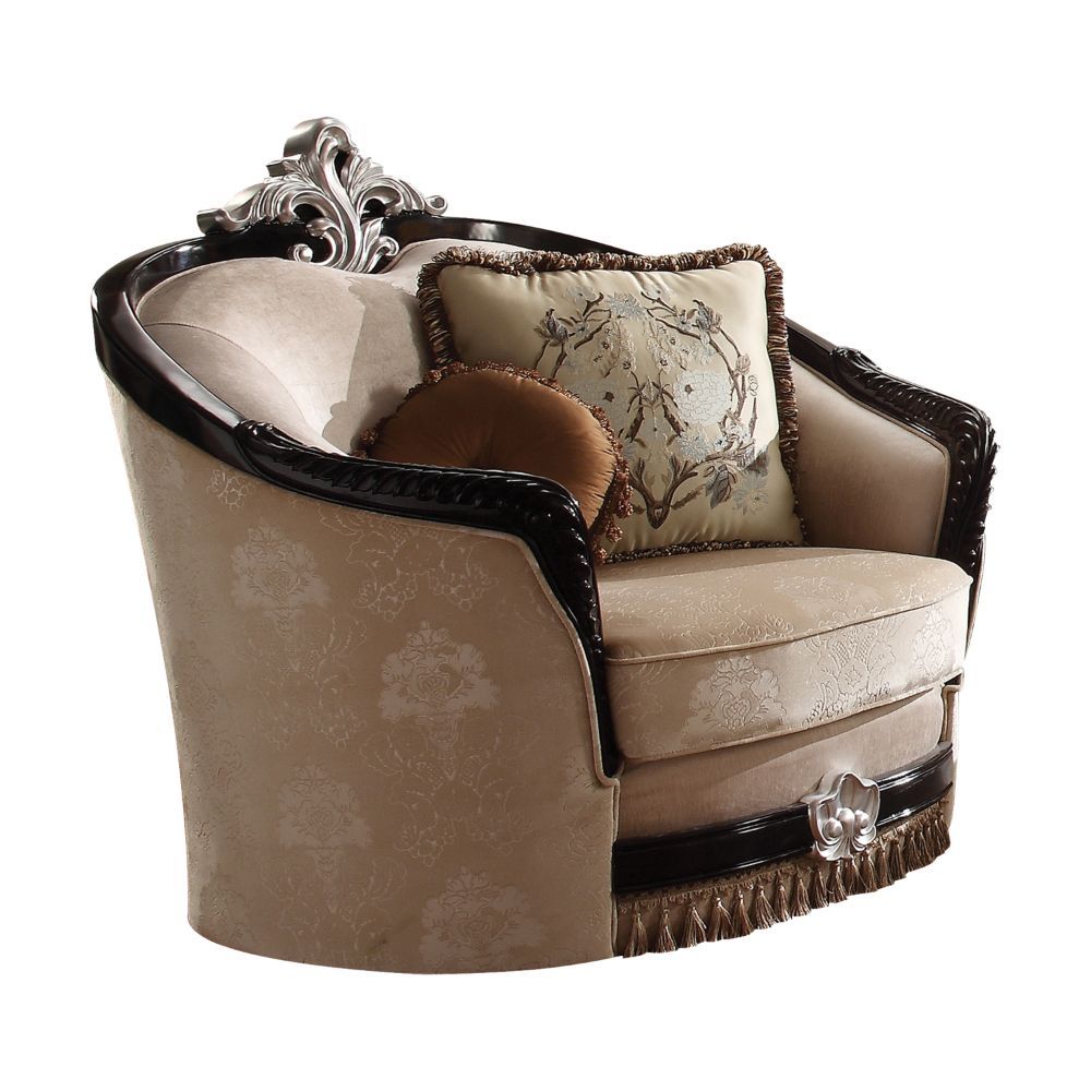 Ernestine - Chair With 2 Pillows - Tan Fabric & Black, product view with wood construction