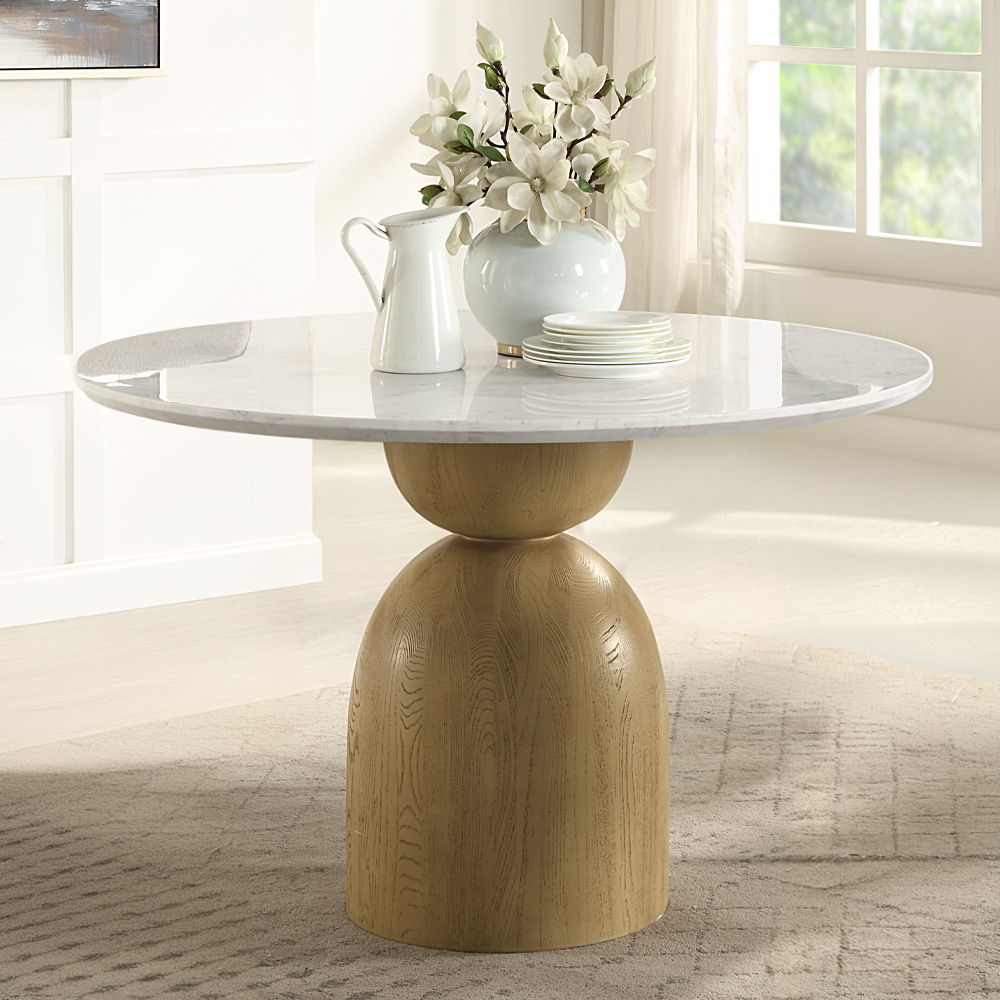 Kala - Round Dining Table With Marble Top - Natural Marble Top & Oak, alternate view 2 with metal