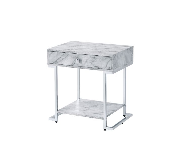 Wither - Accent Table - White Printed Faux Marble & Chrome, product view with metal