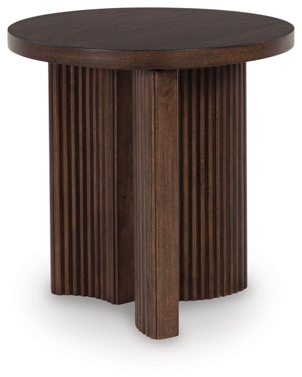 Korestone - Round End Table - Dark Brown, product view with wood construction
