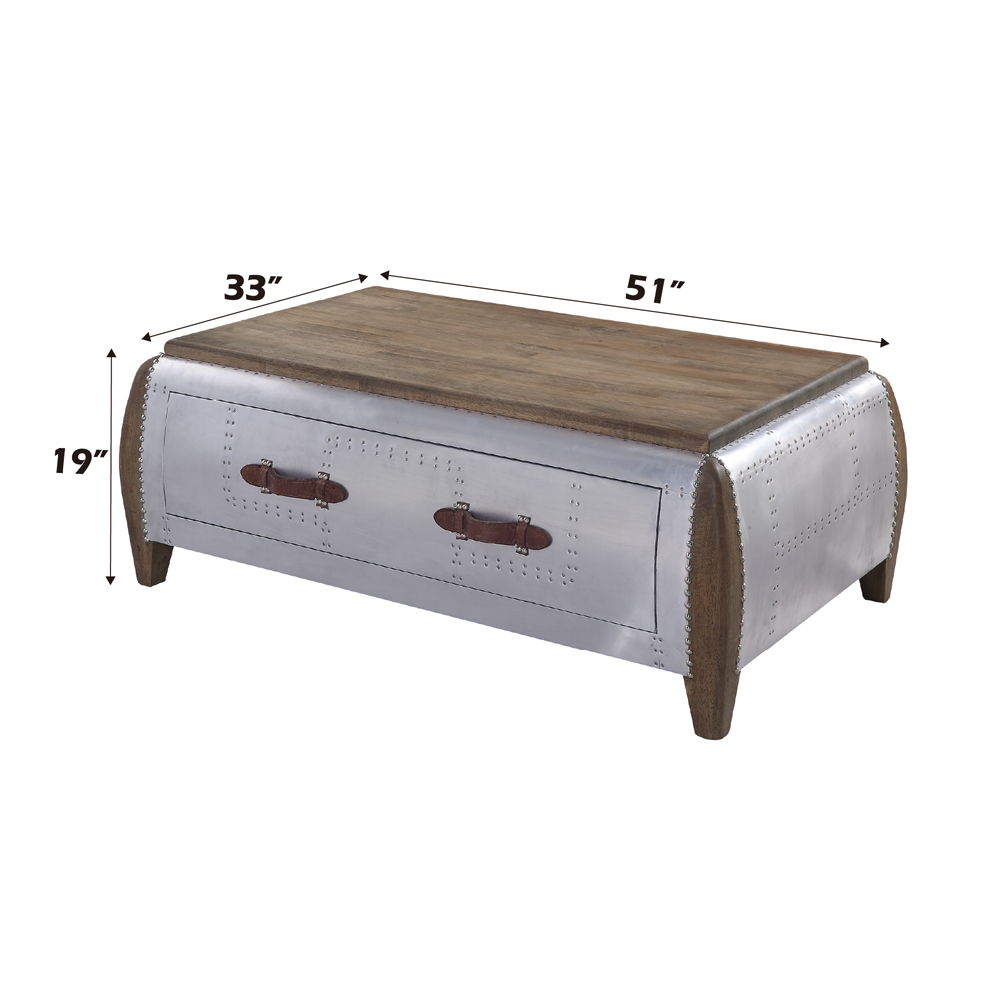 Brancaster - Coffee Table - Antique Oak & Aluminum, alternate view 4 with top-grain leather
