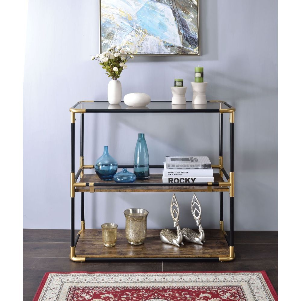 Heleris - Console Table - Smoky Glass Top & Black & Gold, product view with wood construction