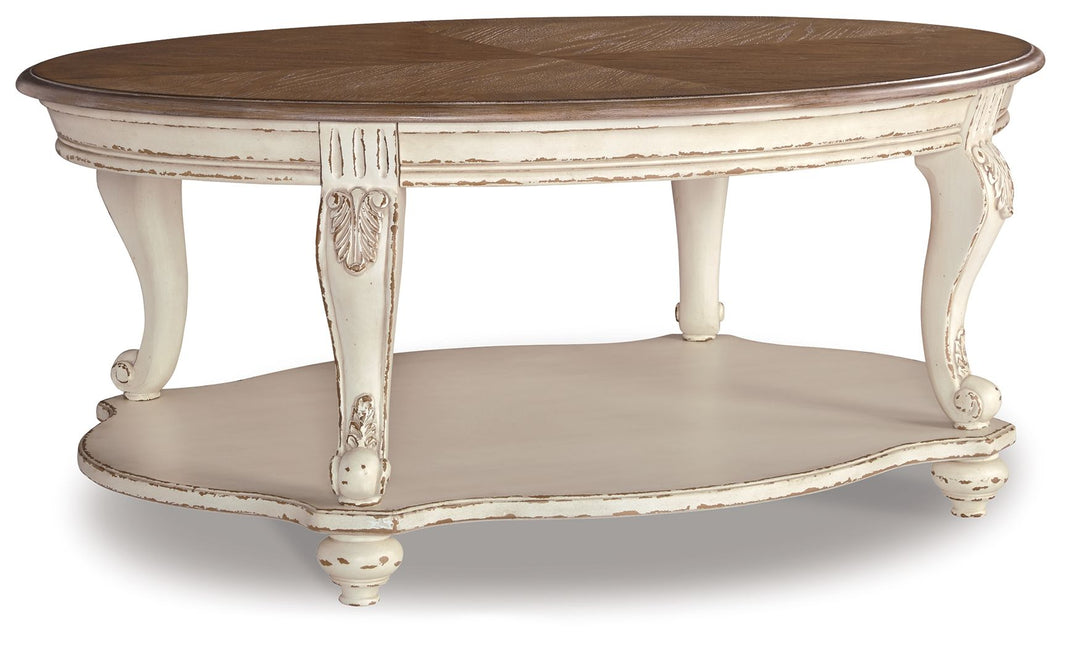 Realyn - Oval Cocktail Table - White / Brown, product view with engineered wood