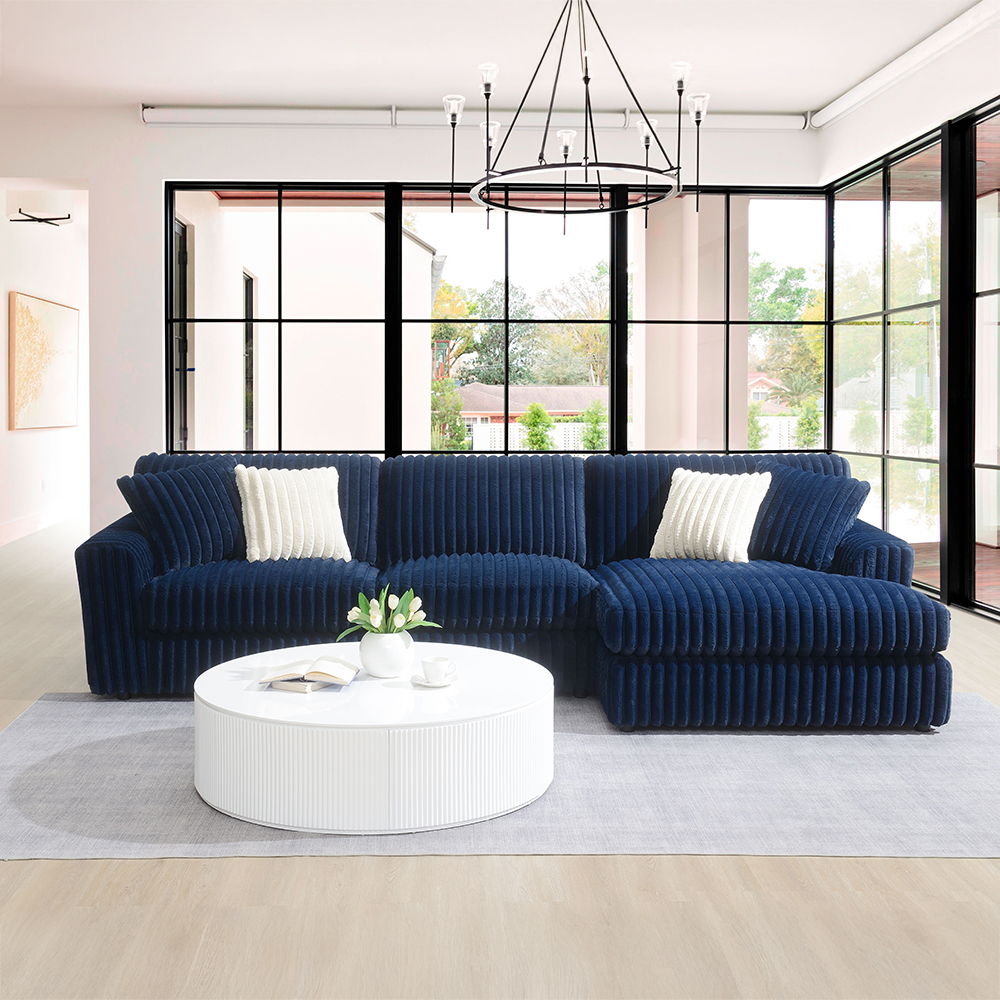 Breton - Sectional Sofa With 4 Pillows - Blue Corduroy, alternate view 3 with velvet upholstery
