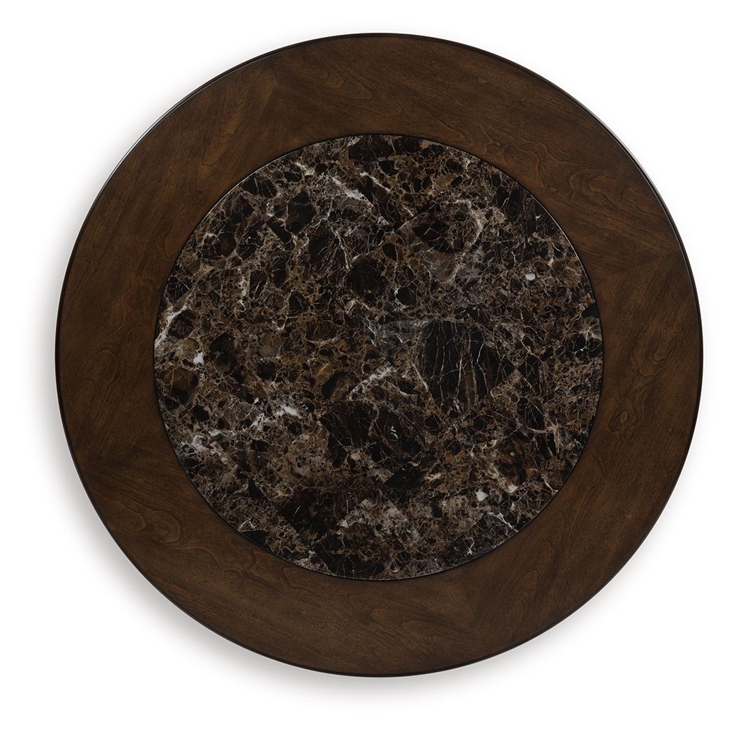 Frallyn - Round Cocktail Table - Dark Brown, alternate view 4 with marble