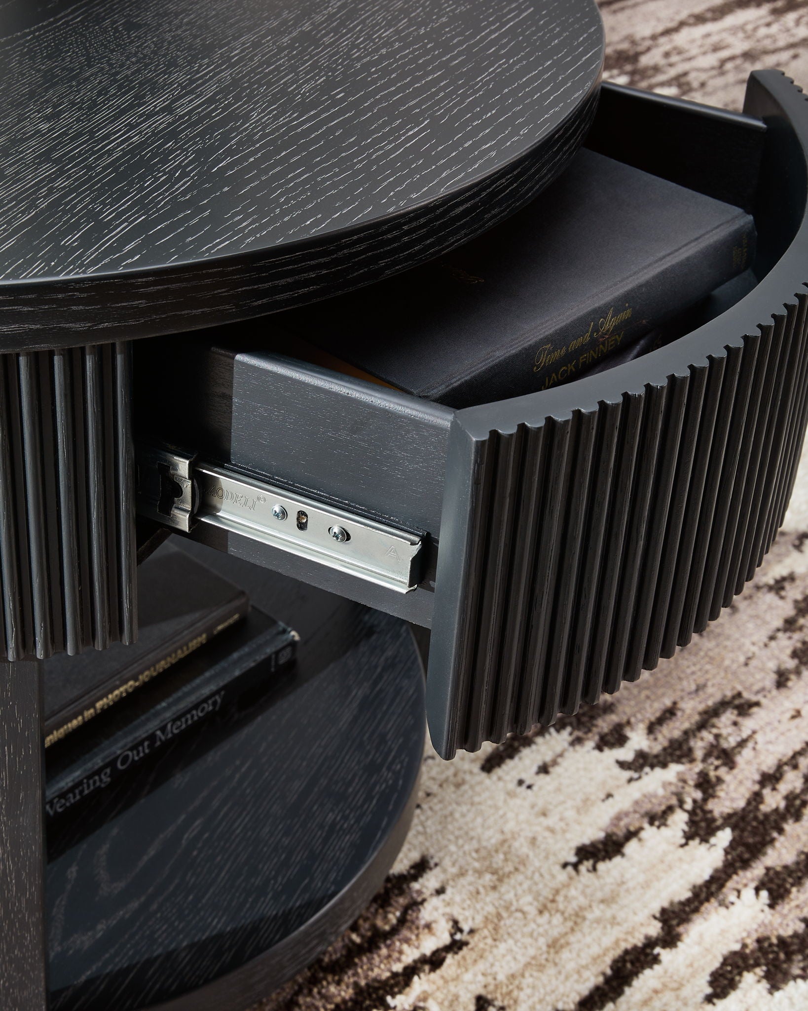 Marstream - Round End Table - Black, alternate view 2 with wood construction