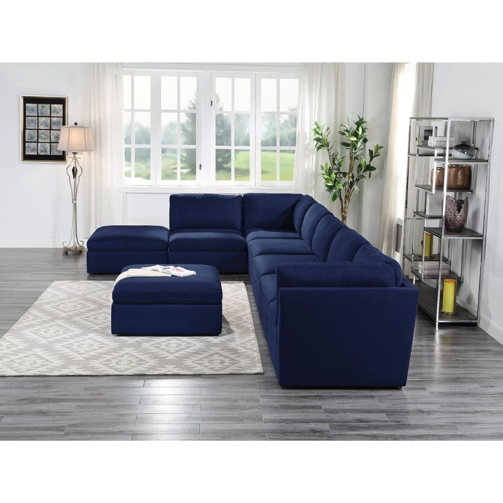 Crosby - Modular Armless Chair - Blue Fabric, alternate view 8 with wood construction