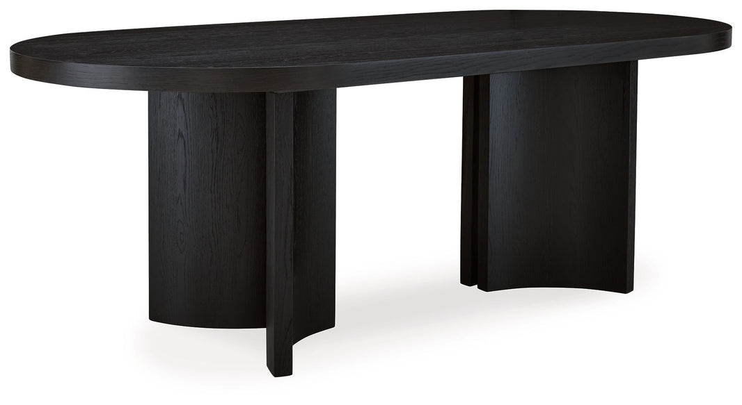 Rowanbeck - Oval Dining Room Table - Black, product view with wood construction