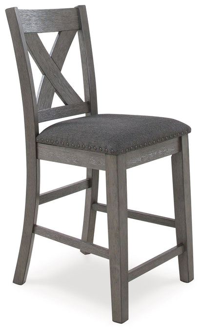 Caitbrook - Rect Drm Counter Table Set (Set of 7) - Gray, alternate view 4 with polyester fabric