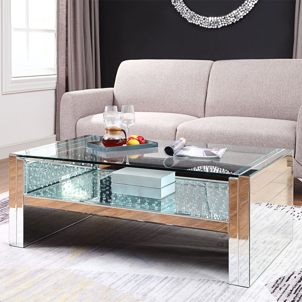 Nysa - 47" Coffee Table - Mirrored & Faux Crystals, product view with wood construction
