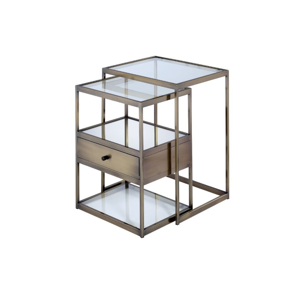 Enca - Nesting Table Set - Clear Glass & Antique Brass, product view with wood construction