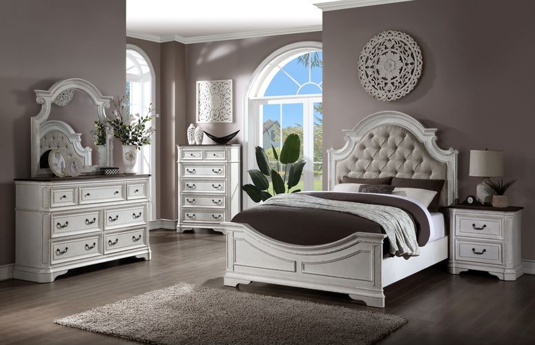 Florian Queen Bed Beige Synthetic Leather & Antique White, gallery image 2