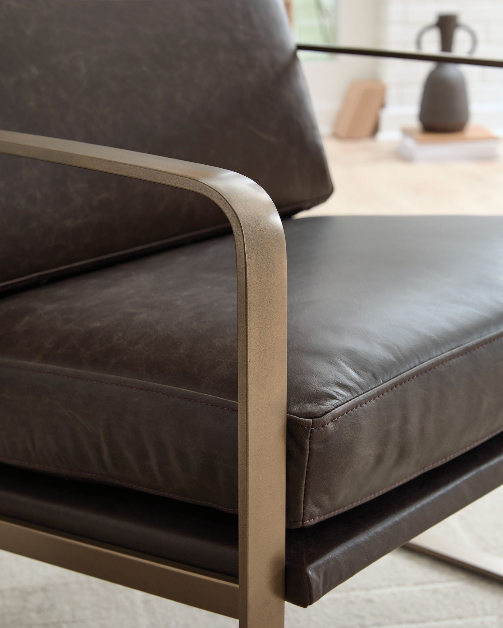 Bradett - Accent Chair - Dark Brown / Gold Finish, alternate view 5 with top-grain leather