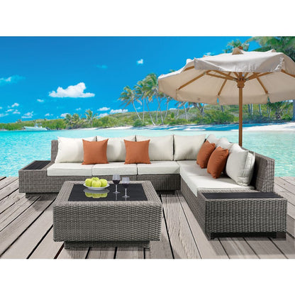 Salena - Patio Sectional Sofa With 4 Pillows & Coffee Table - Beige Fabric & Gray Wicker