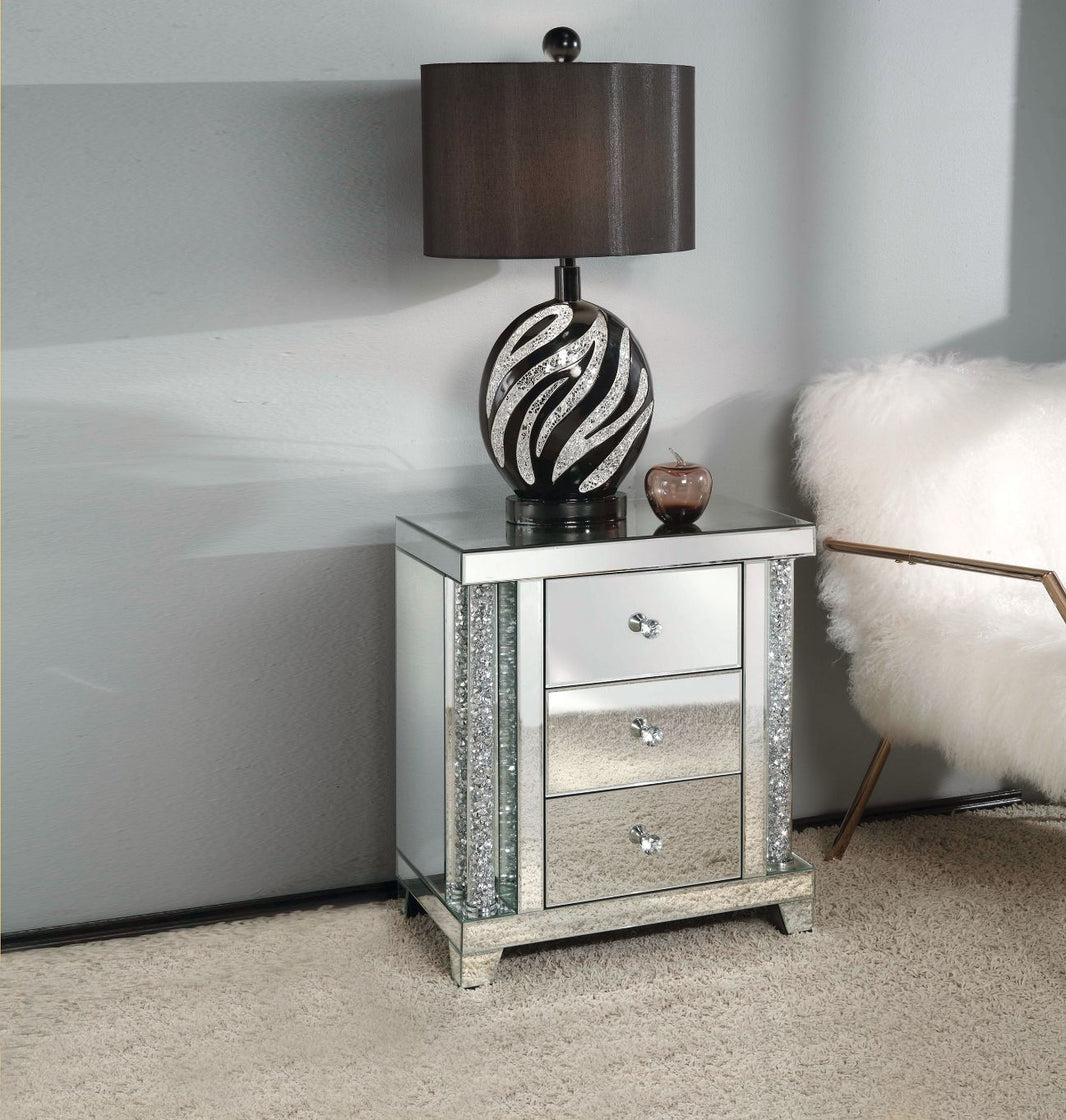 Noralie - 22" X 14" Accent Table - Mirrored & Faux Diamonds, product view with wood construction