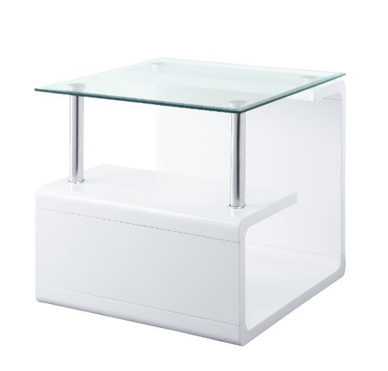 Nevaeh - End Table - Clear Glass Top & White High Gloss, product view with wood construction