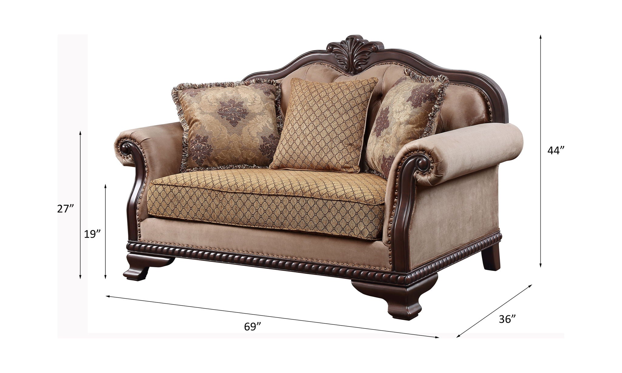 Chateau De Ville - Loveseat With 3 Pillows (Same Lv01589) - Fabric & Espresso, alternate view 7 with wood construction