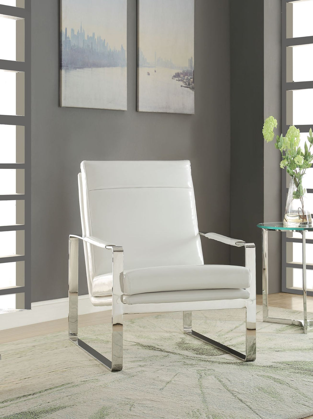 Rafael - Accent Chair - White Synthetic Leather & Stainless Steel, product view with faux leather