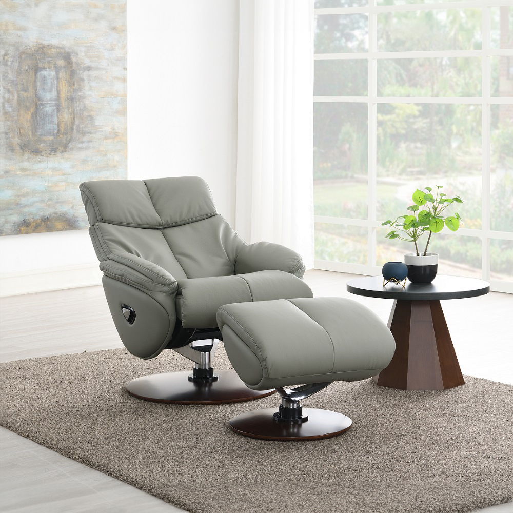 Kandoro - Motion Accent Chair With Swivel & Ottoman - Gray Leather & Brown Base, alternate view 6 with top-grain leather
