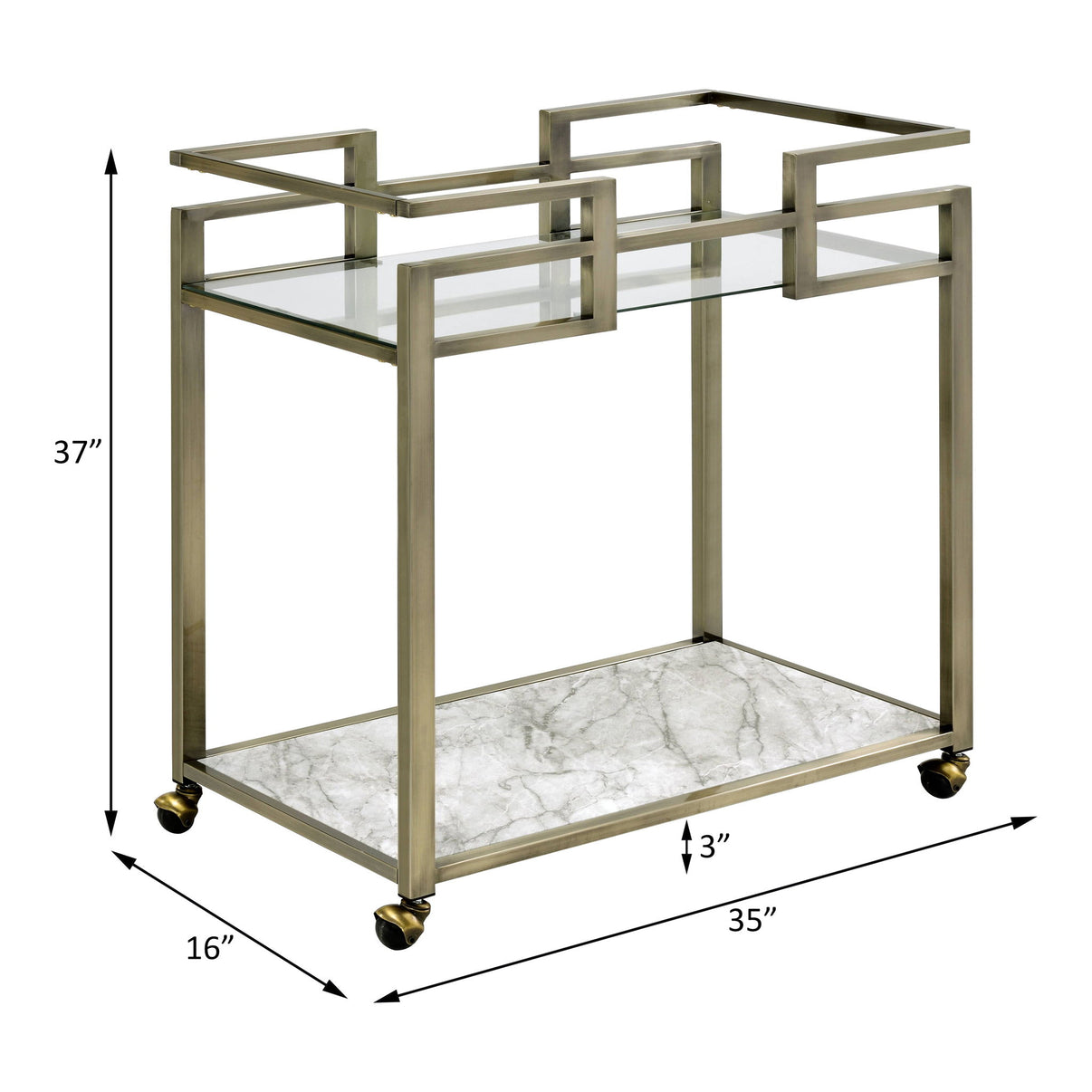 Neilo - Serving Cart - Clear Glass, Faux Marble Top & Wire Brass, alternate view 7 with velvet upholstery