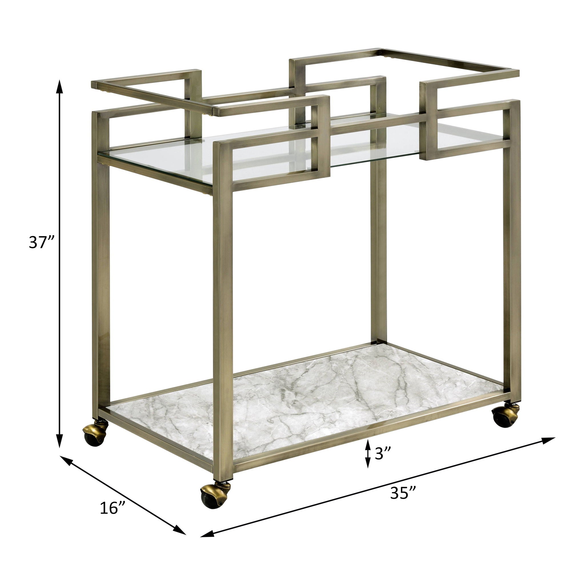 Neilo - Serving Cart - Clear Glass, Faux Marble Top & Wire Brass, alternate view 7 with velvet upholstery