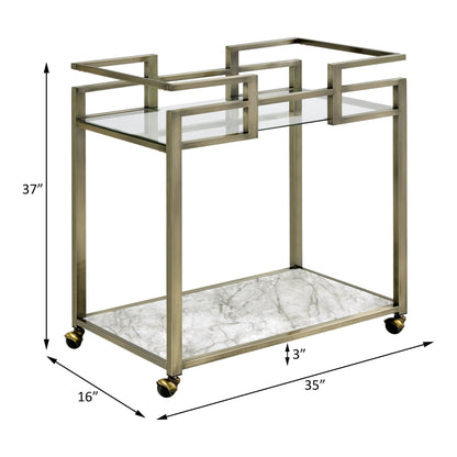 Neilo - Serving Cart - Clear Glass, Faux Marble Top & Wire Brass, alternate view 7 with velvet upholstery