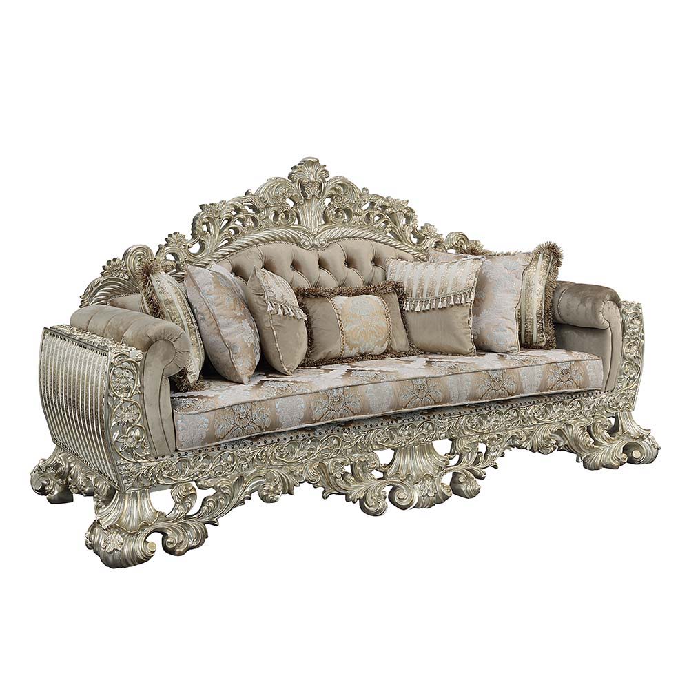 Sorina - Sofa With 7 Pillows - Velvet, Fabric & Antique Gold, alternate view 7 with wood construction
