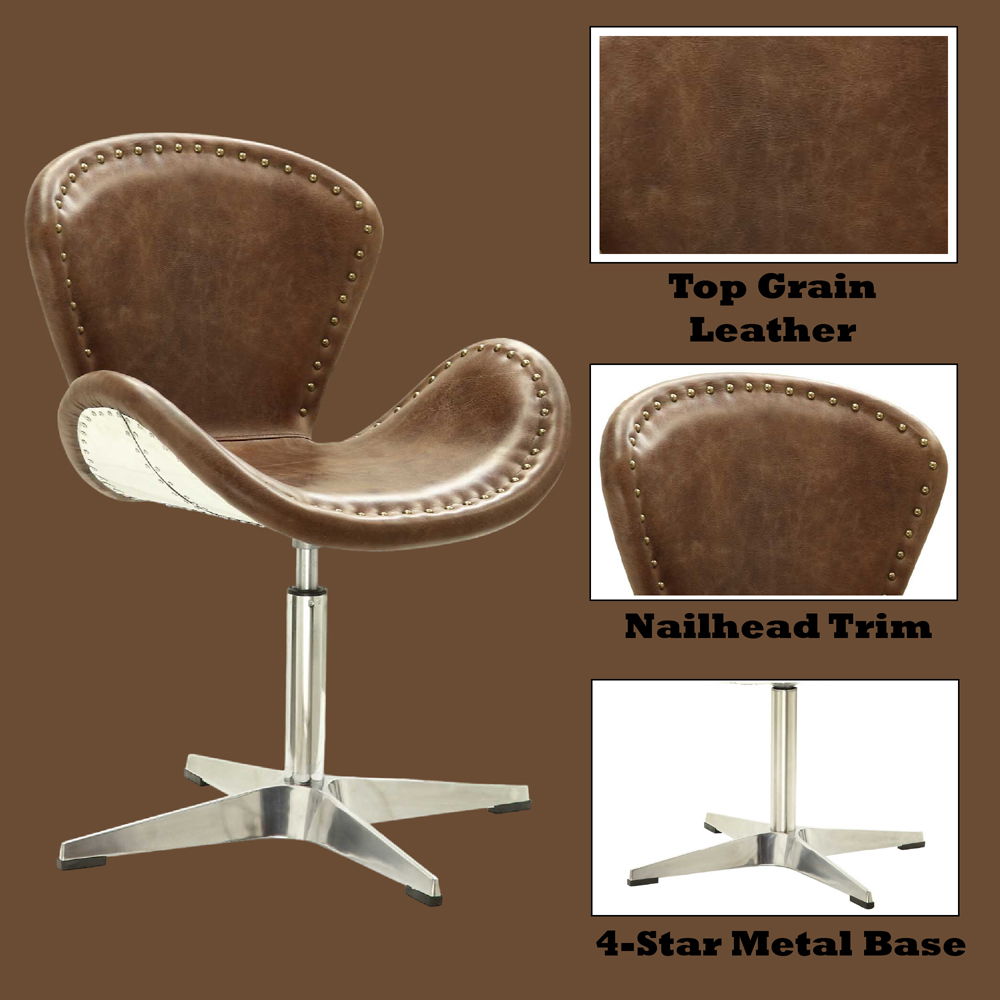 Brancaster - 33" Accent Chair With Swivel - Retro Brown Top Grain Leather & Aluminum, alternate view 2 with metal