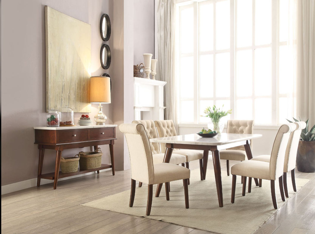 Gasha - Dining Table - White Marble Top & Walnut, product view with linen fabric