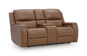 Syran caramel power reclining loveseat with center console and padded arms