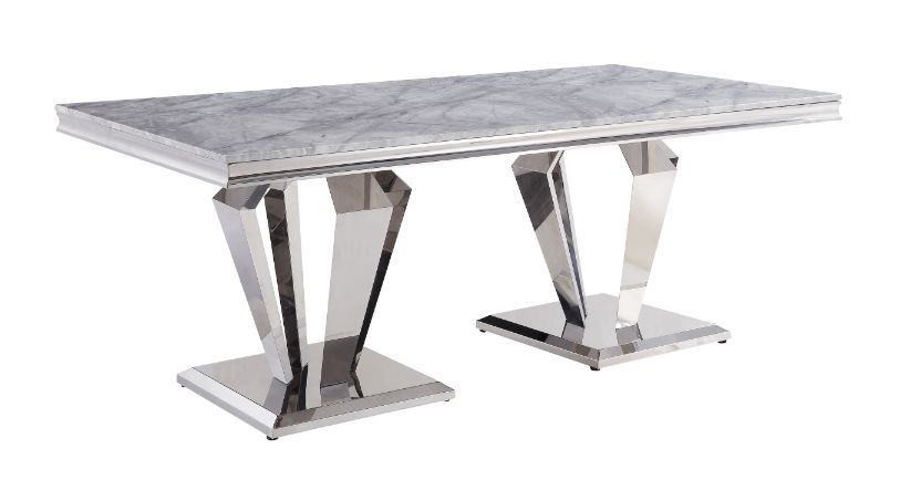 Satinka - Dining Table - Light Gray Printed Faux Marble Top & Mirrored Silver, product view with metal