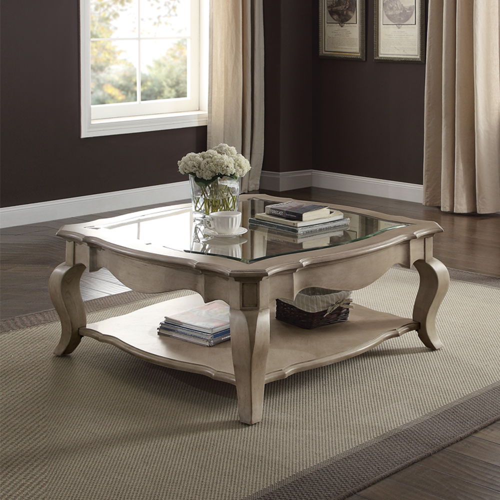 Chelmsford - Coffee Table - Clear Glass & Antique Taupe, product view with wood construction