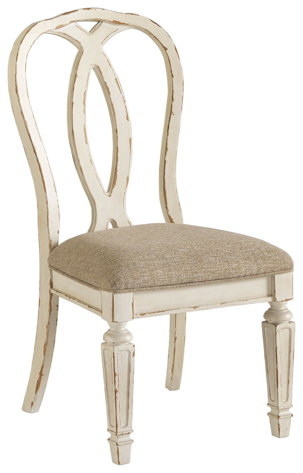 Realyn - Dining UPH Side Chair (Set of 2) - Ribbonback - Chipped White, product view with polyester fabric