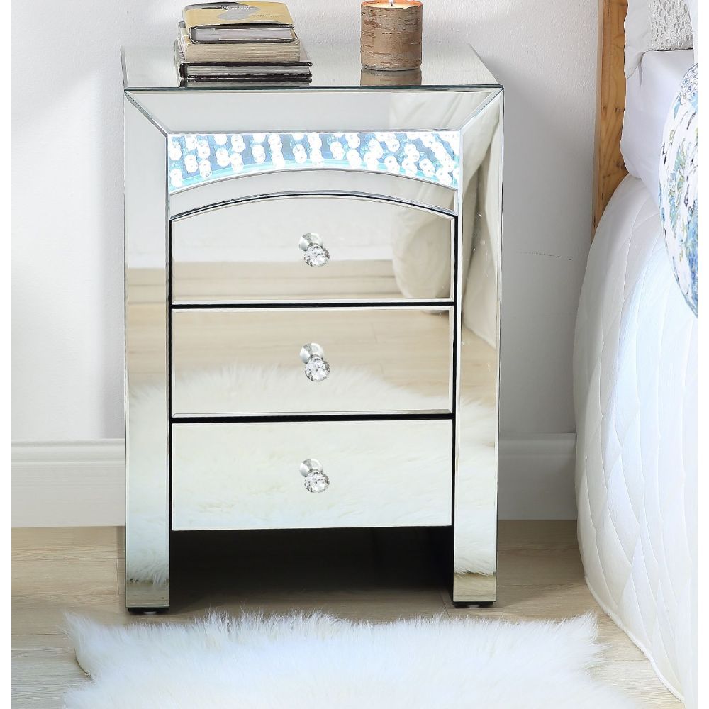 Nysa - Accent Table With LED - Mirrored & Faux Crystals, product view with glass