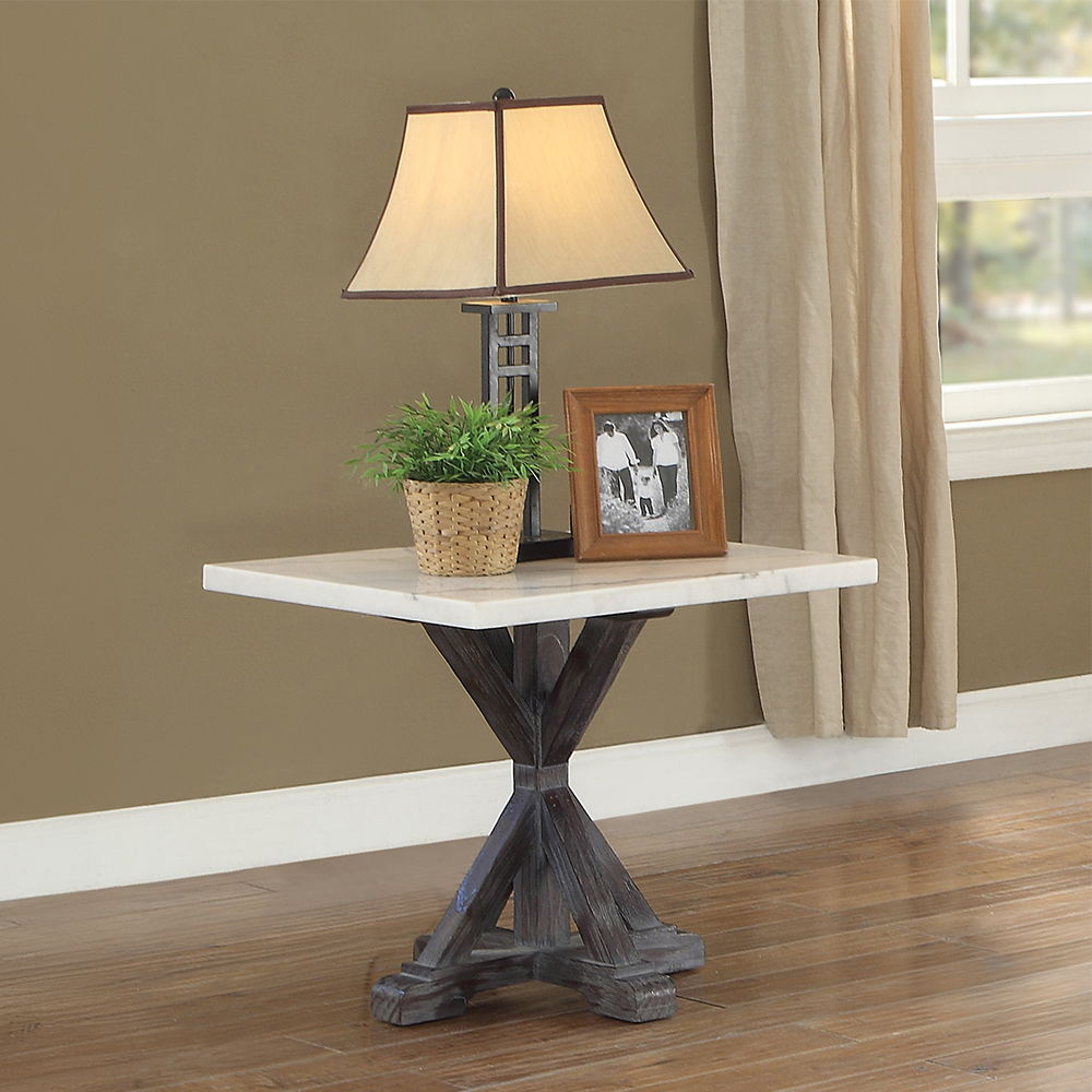 Romina - End Table - White Marble Top & Weathered Espresso, product view with wood construction