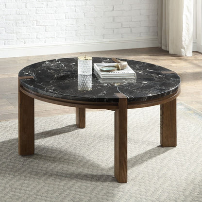 Estella - Coffee Table With Natural Marble Top - Black Top & Walnut, alternate view 6 with leather upholstery