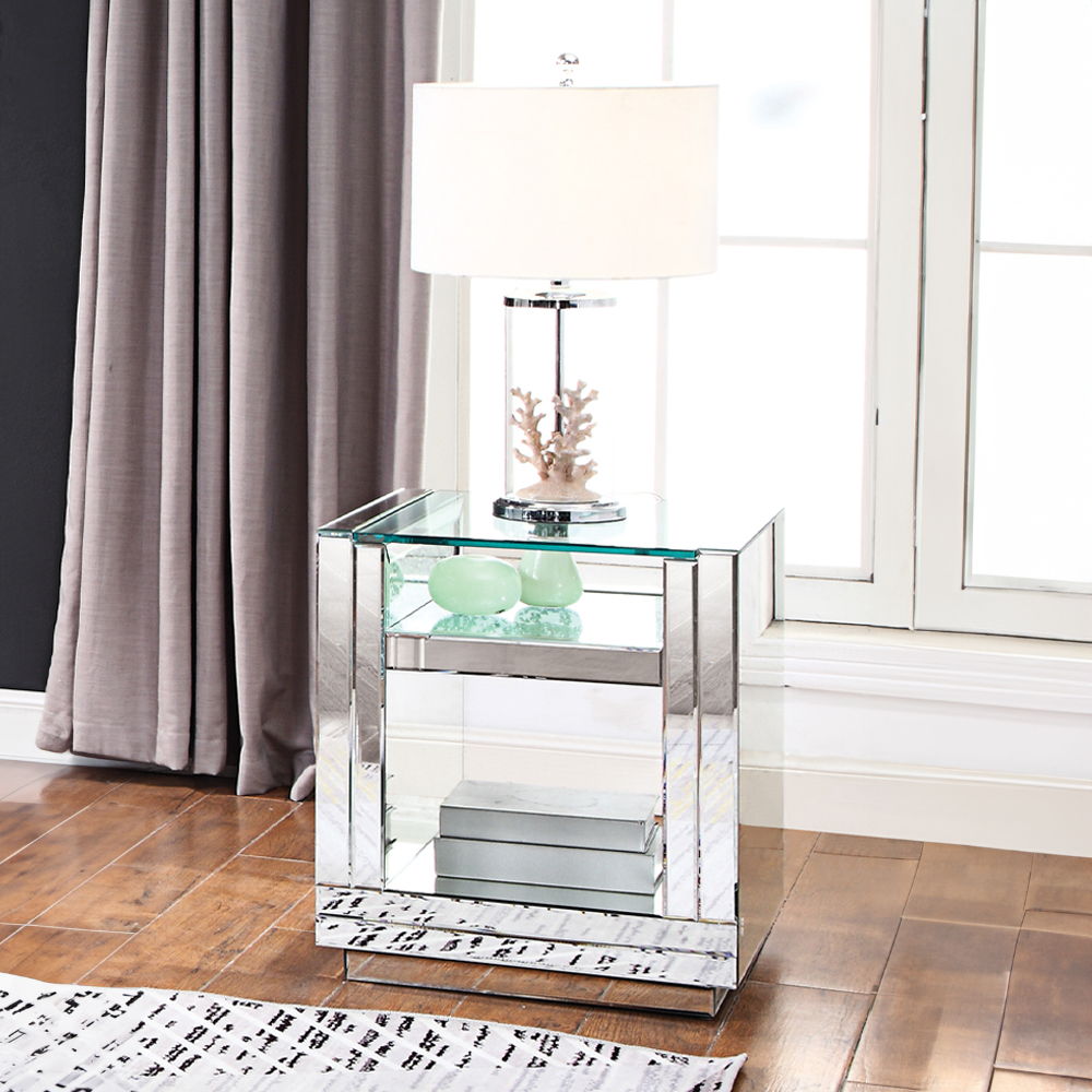 Nysa - 24" End Table - Mirrored & Faux Crystals, product view with wood construction